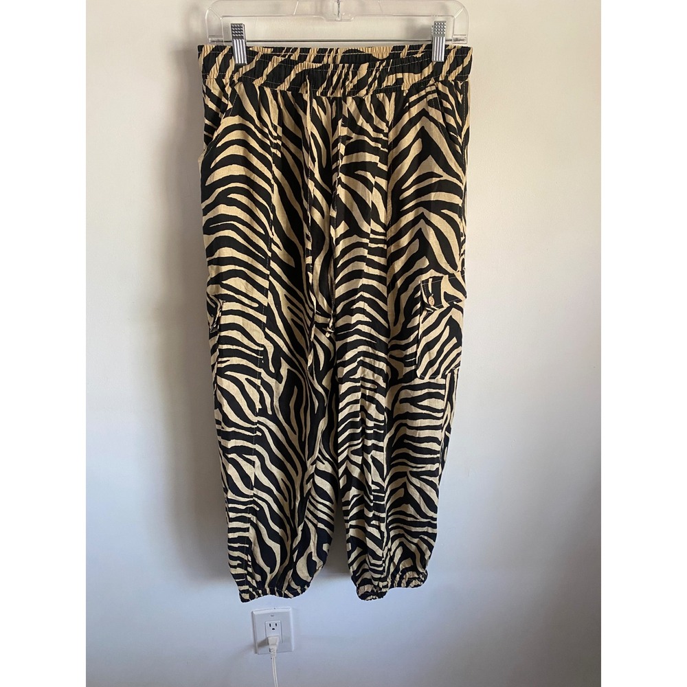Rachel Zoe Zebra Print Cargo Joggers Black Tan Linen Blend Size M